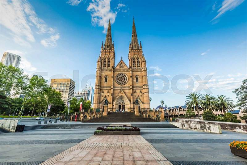 SYDNEY - OCTOBER 27 : St.mary's cathedral church with blue sky in Sydney ,Australia on 27 October2015.St.mary cathedral church is the biggest church in Sydney, stock photo