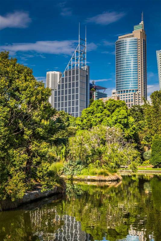 SYDNEY, AUSTRALIA - OCTOBER, 27: Shady park - a place for recreation for people. Sydney's Eastern Skyline taken from the Botanic Gardens October 27, 2015 in Sydney, Australia, stock photo
