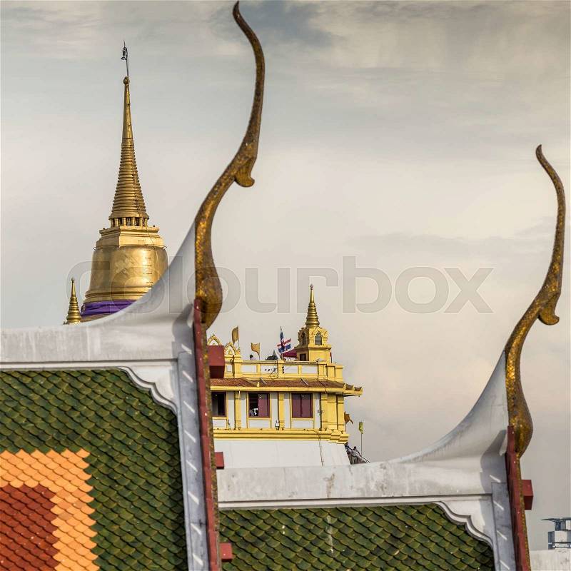 The Stupa at the top of Wat Saket, also known as the Golden Mount, in the historic district of Bangkok, Thailand capital city, stock photo