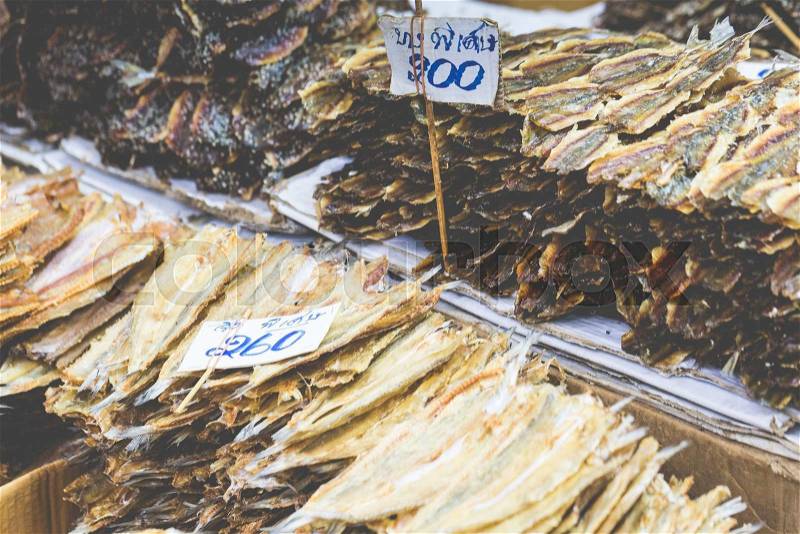Dried seafood on sale in a thai street market in Bangkok, Thailand, stock photo