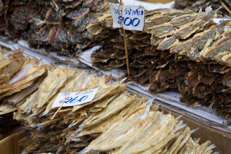 Dried seafood on sale in a thai street market in Bangkok, Thailand, stock photo