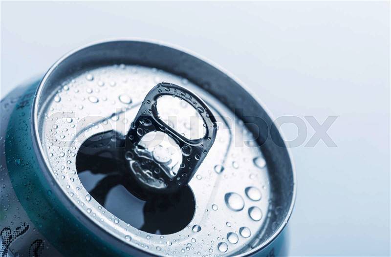 Aluminum can with water drops. Closeup, stock photo