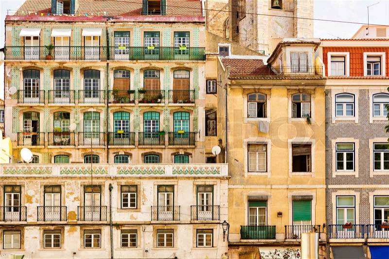 View of old european block of flats with balconies, Portugal, stock photo