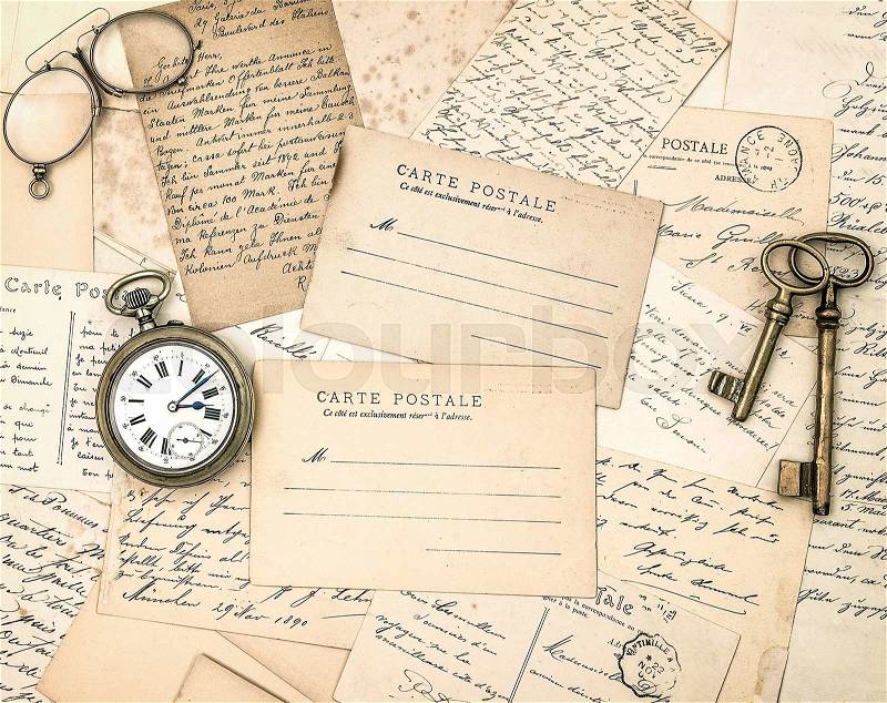 Vintage letters and postcards. Nostalgic used papers background, stock photo