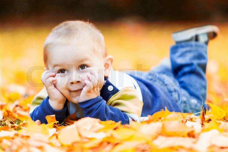 Little boy lying on the yellow leaves in the autumn park, stock photo