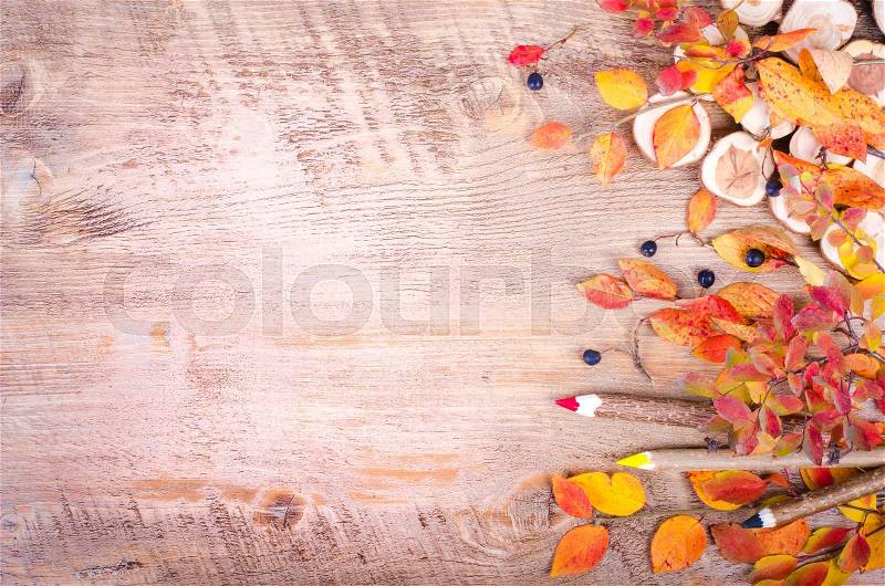 Colorful autumn leaves, spices, cinnamon, cloves, cardamom, anise and pensils lying on wooden background. Fall and thanksgiving setting. Autumn composition. Free space for text, stock photo