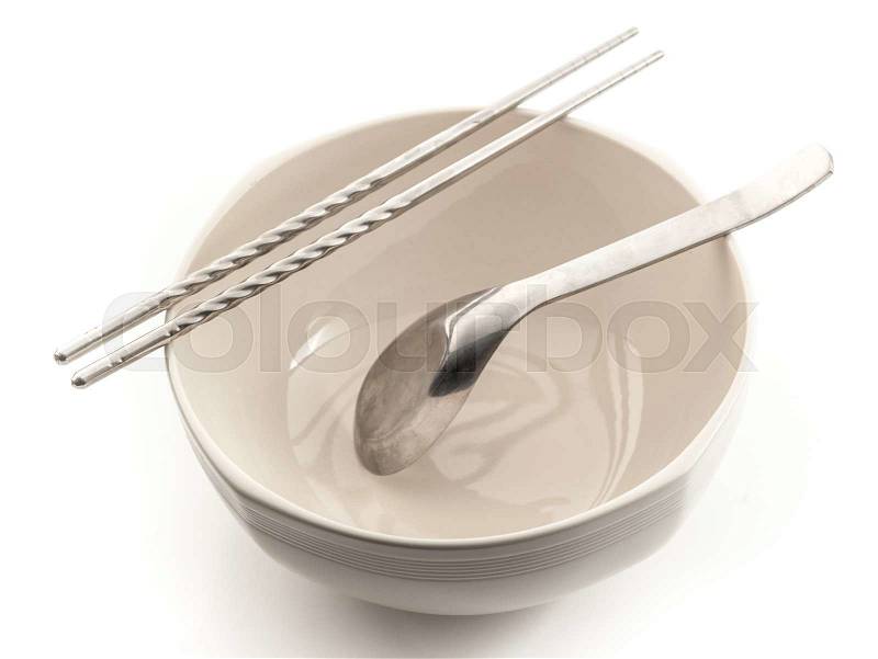Bowl with chopsticks and spoon isolated on white background,Chinese Eating Utensils, stock photo