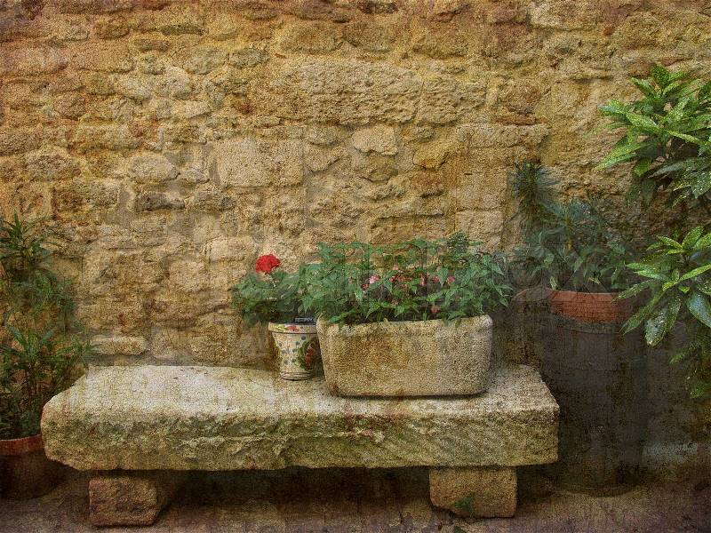 Nice old French patio - Provence. More of my images worked together to reflect age time and age. Space for text, stock photo
