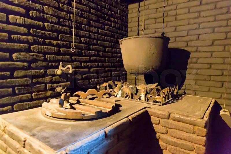 Cauldron for boiling water in the bath-house room, stock photo