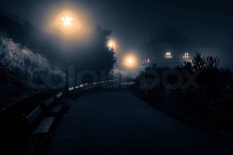 Scary scenery with night footpath leading towards lone house, stock photo