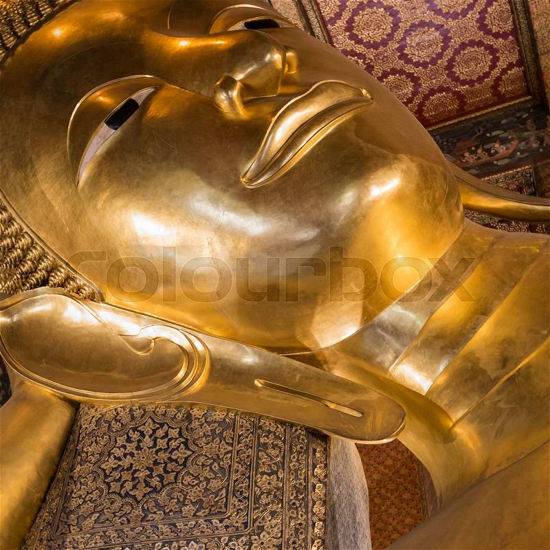 Reclining Buddha gold statue ,Wat Pho, Bangkok, Thailand, stock photo