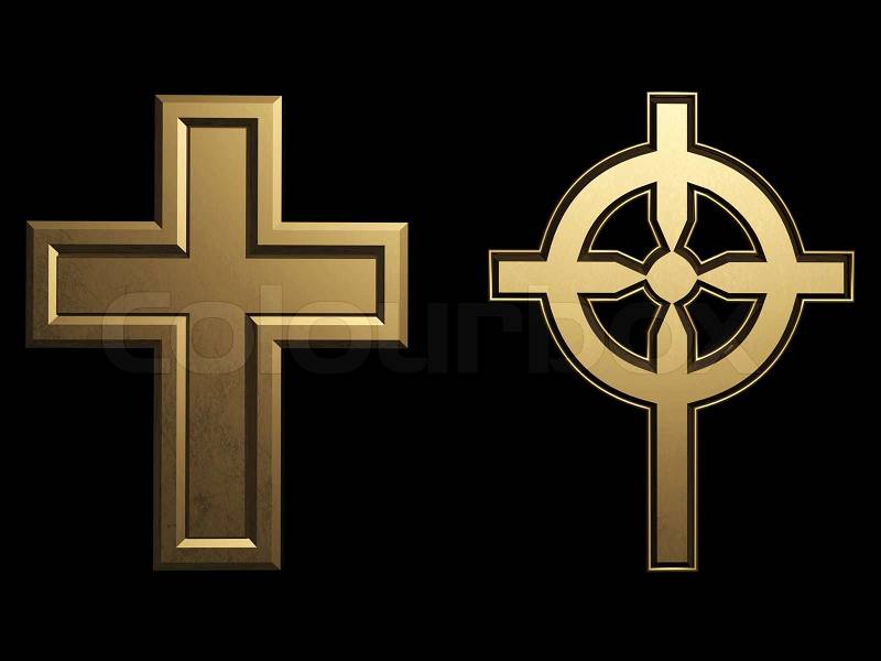 Two golden crosses on black, stock photo