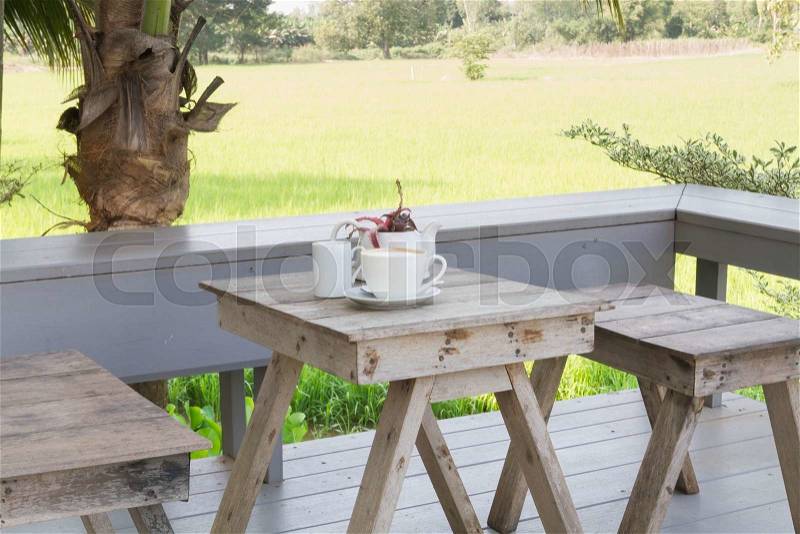 Potted plants on wooden table, stock photo