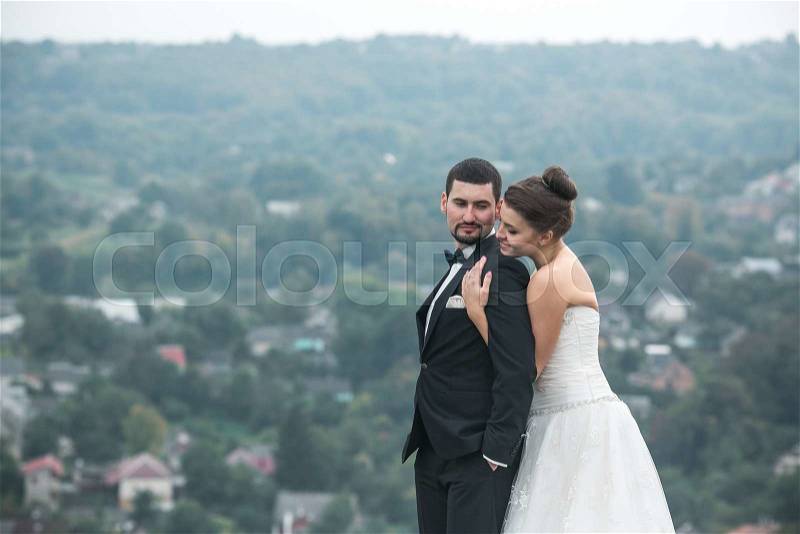Wedding couple posing for the camera on the hump, stock photo