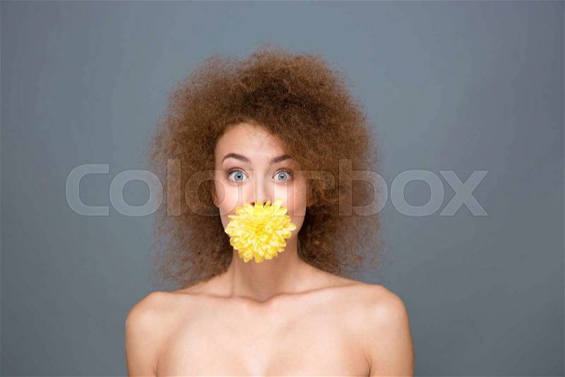 Surprised amazed amusing pretty cute curly young woman with yellow flower in mouth on gray background, stock photo