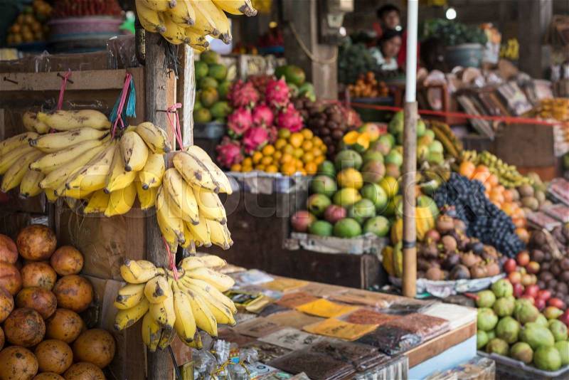 Open air fruit market in the village in Bali, Indonesia, stock photo