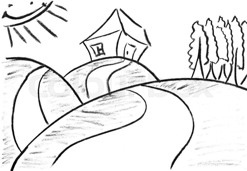 Pencil sketch of funny house on hill, stock photo