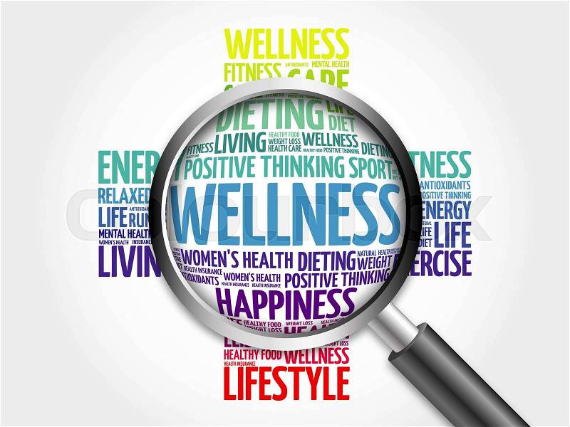 WELLNESS word cloud with magnifying glass, health concept, stock photo