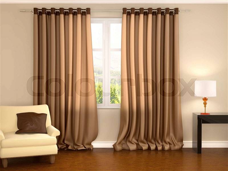 3d illustration of brown curtains in warm interior, stock photo