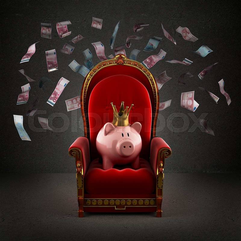 Moneybox pig in crown on the royal throne in the room with falling euro banknotes, stock photo