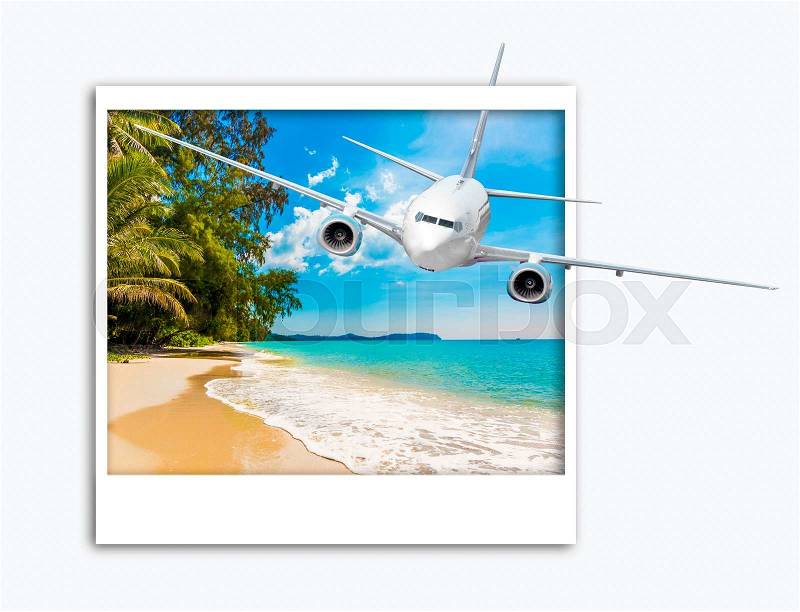 Air travel concept. Travel background with airplane. Jet aircraft over the tropical island, stock photo