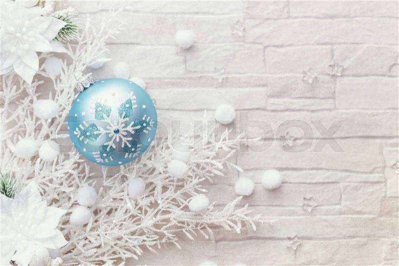Christmas corner border of white branches and blue ornament, decorated with stars. Top view, vintage color filter , blank space, stock photo