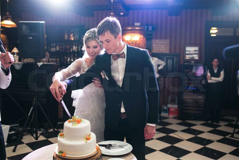 Bride and groom cut the wedding cake, stock photo