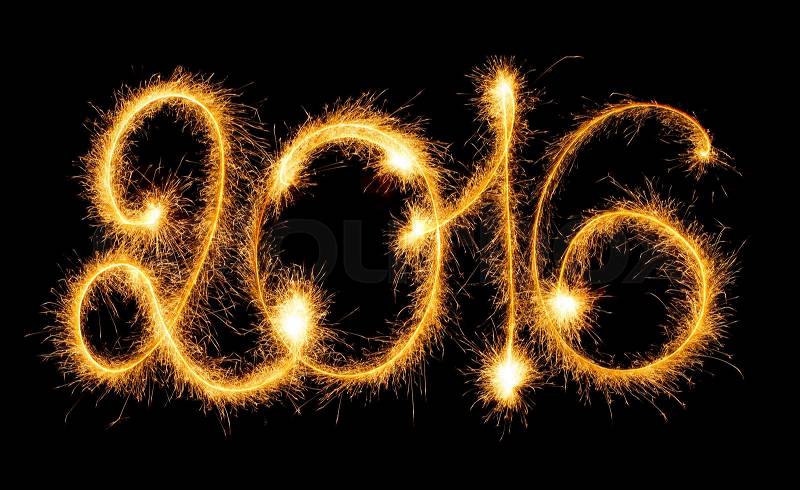 Happy New Year - 2016 with sparklers on black background, stock photo