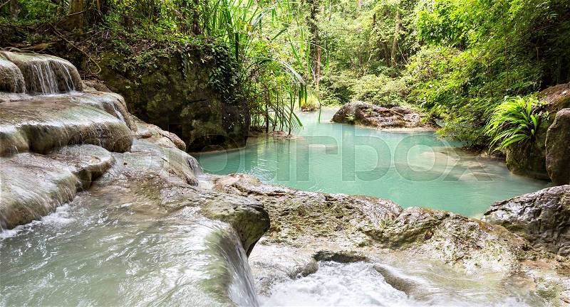 Tropical lake of Erawan waterfall horizontal view image, stock photo