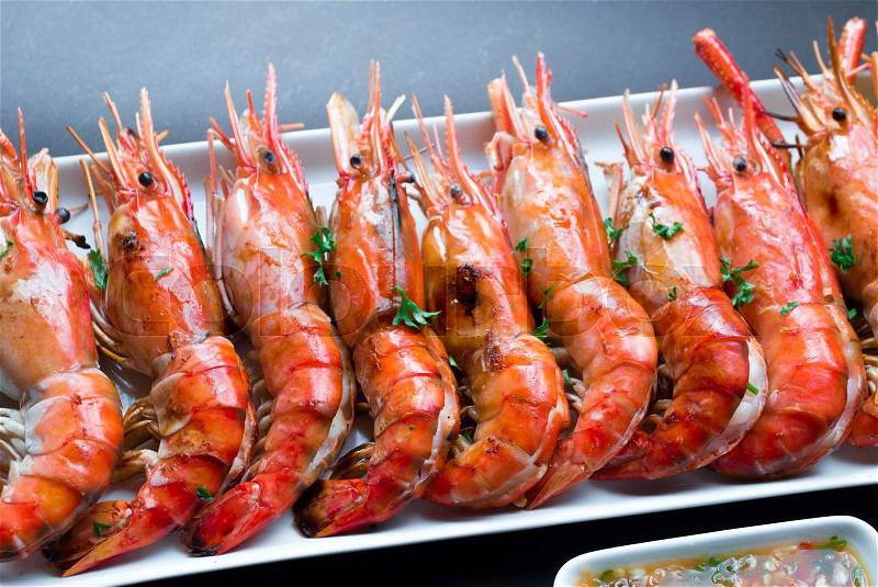 Close up Grilled Giant River Prawn , stock photo