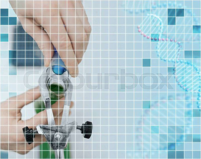 Science, chemistry, biology, medicine and people concept - close up of scientist hand filling test tubes and making research in clinical laboratory over grid background, stock photo