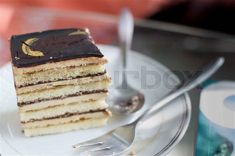 Delicious chocolate cake on plate that is eaten, stock photo