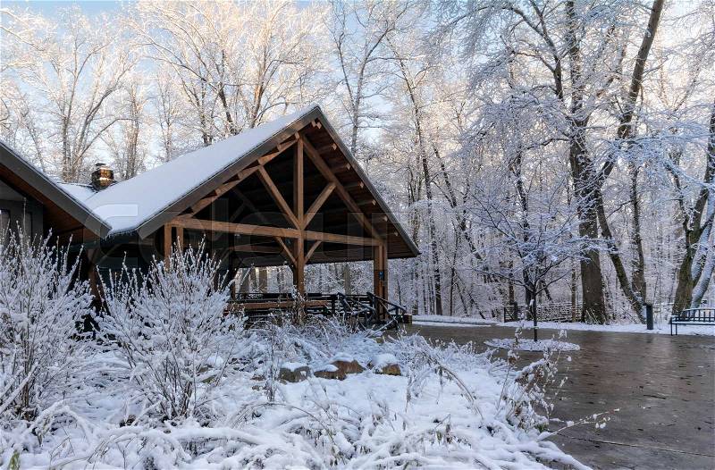 Beautiful rustic park lodge surrounded by trees with snow clinging to the branches, stock photo