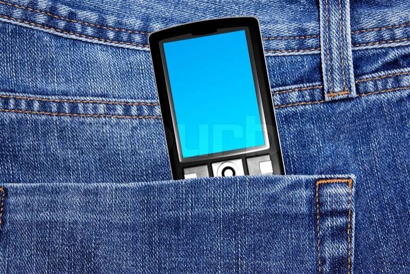 Black cell phone in jeans pocket, stock photo