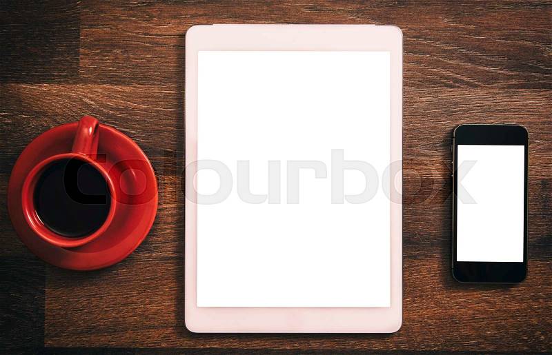 Office concept with blank screens on wooden background, stock photo