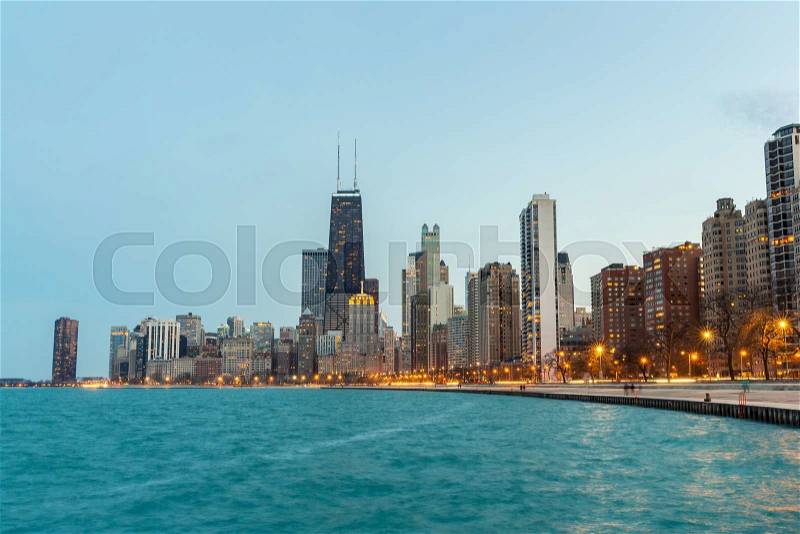 Chicago downtown and Lake Michigan at dusk, stock photo