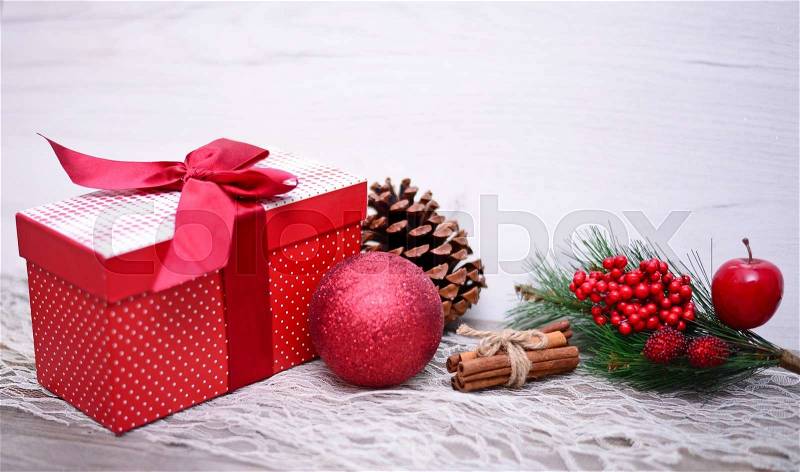 Christmas Presents and Ornaments on Wooden Background , stock photo