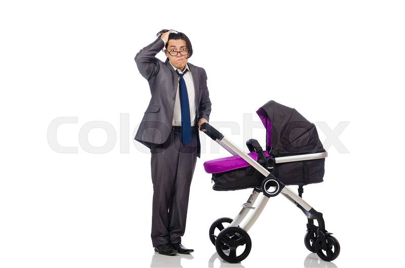 Funny dad with baby and pram on white, stock photo