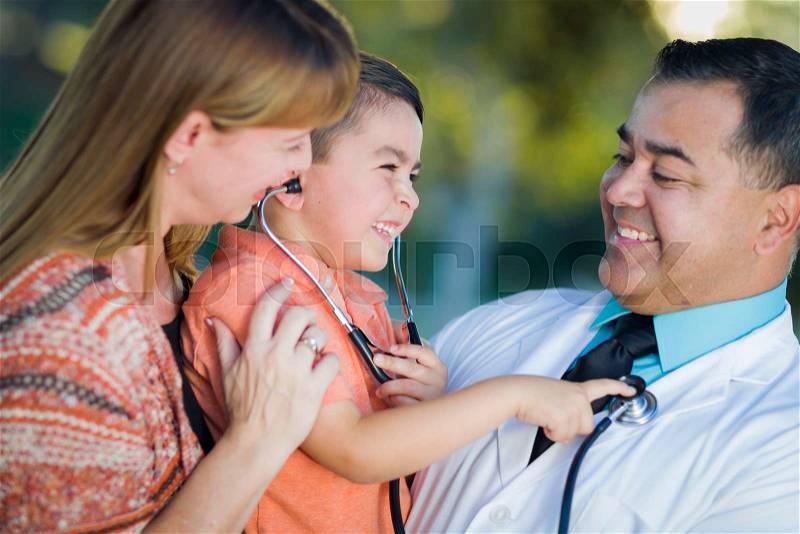 Happy Mixed Race Boy, Mother and Hispanic Doctor Having Fun With Stethoscope Outdoors, stock photo