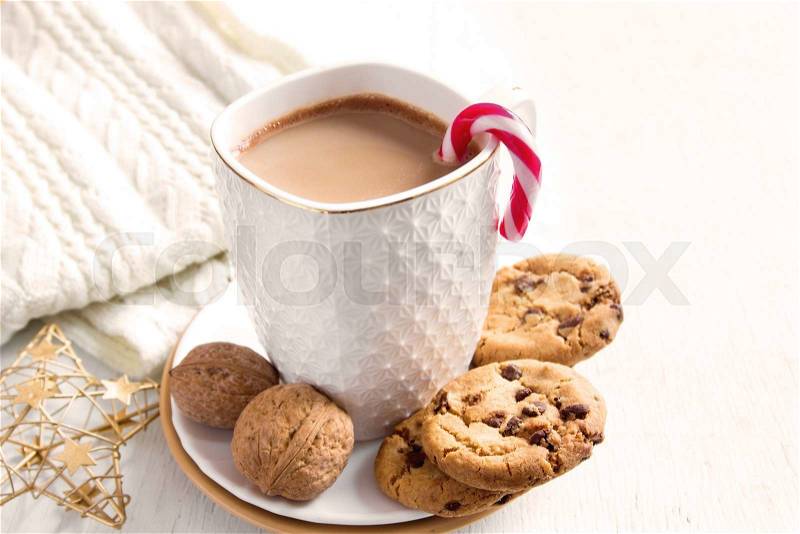 Cacao drink and chocolate chip cookies for Christmas morning and winter holidays, stock photo
