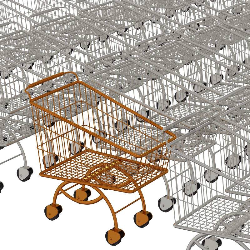 One gold shopping cart and many of silvery shopping carts, stock photo