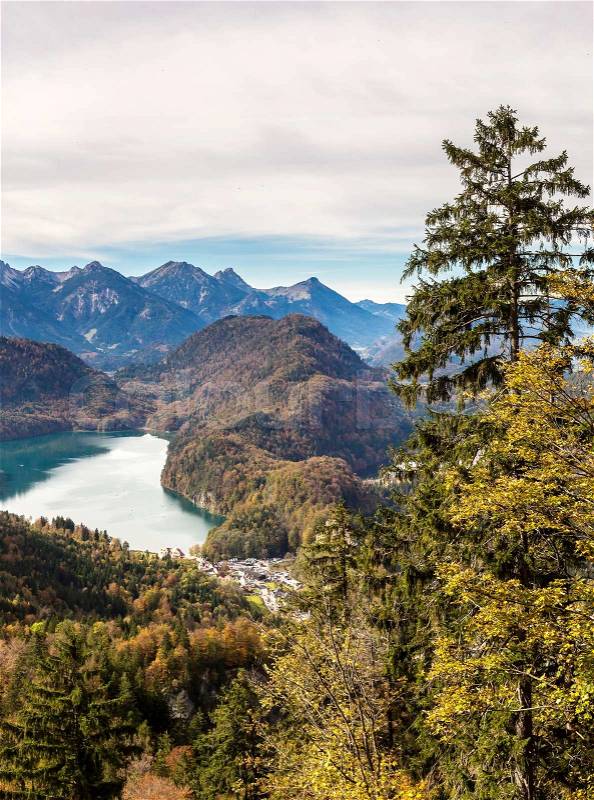 Alps and lakes in a summer day in Germany. Taken from the hill next to Neuschwanstein castle, stock photo