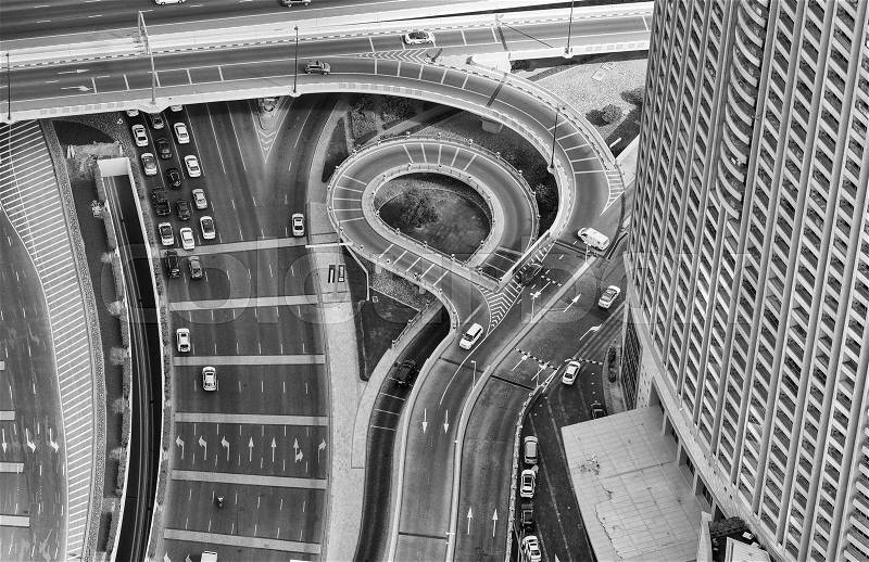 Interstate exchange system of Dubai roads, stock photo