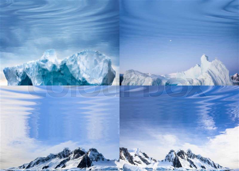 Four natural polar landscapes reflected in water, stock photo