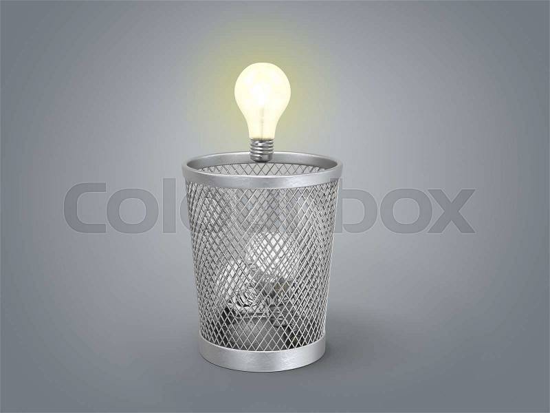 Eureka; concept of the reborn of idea; glowing light bulb under the bin with other lamps, stock photo