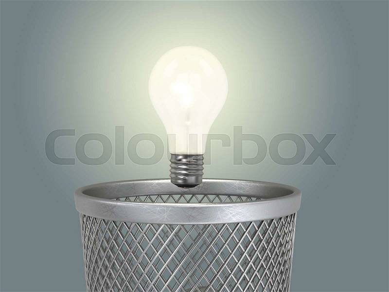 Eureka; concept of the reborn of idea; glowing light bulb under the bin, stock photo