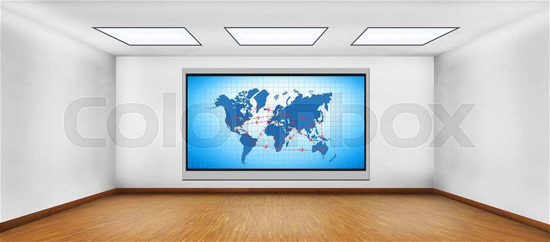 Plasma tv on wall with international flights scheme, stock photo