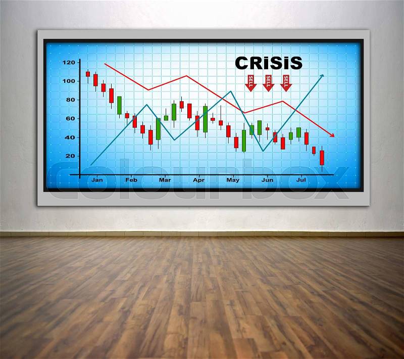 Plasma tv with crisis chart on wall in office, stock photo