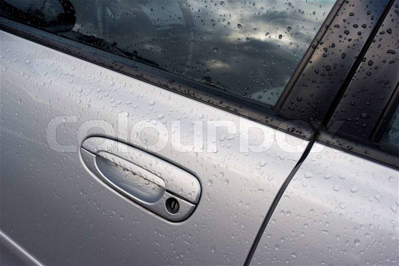 Detail of a wet car in the morning after shower - Denmark, stock photo