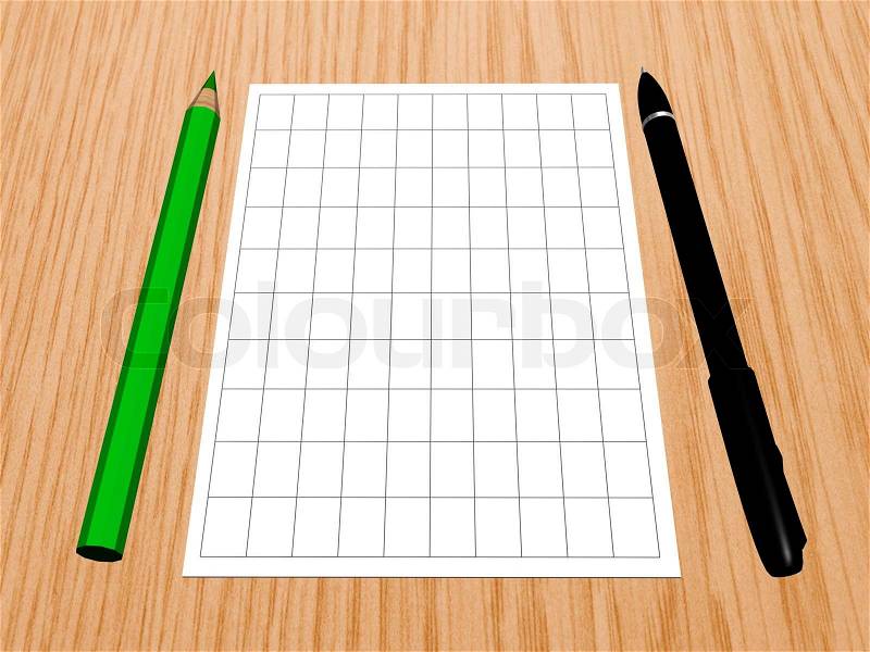 Green pencil and black pen with paper at wooden surface, stock photo